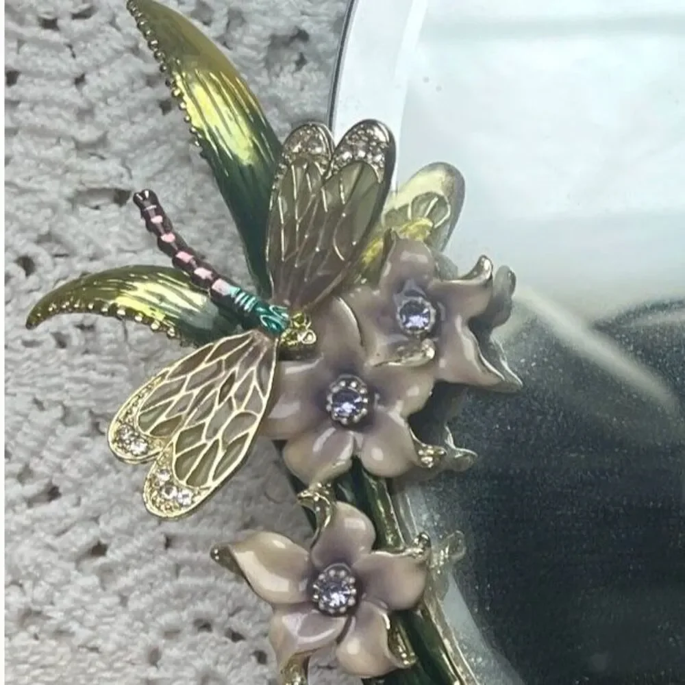 Vtg MCM Dragonfly Mirror Enamel Rhinestone Floral Jewelry Table Top Vanity Decor